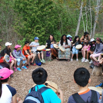Group of students sit around a circle in outdoor nature