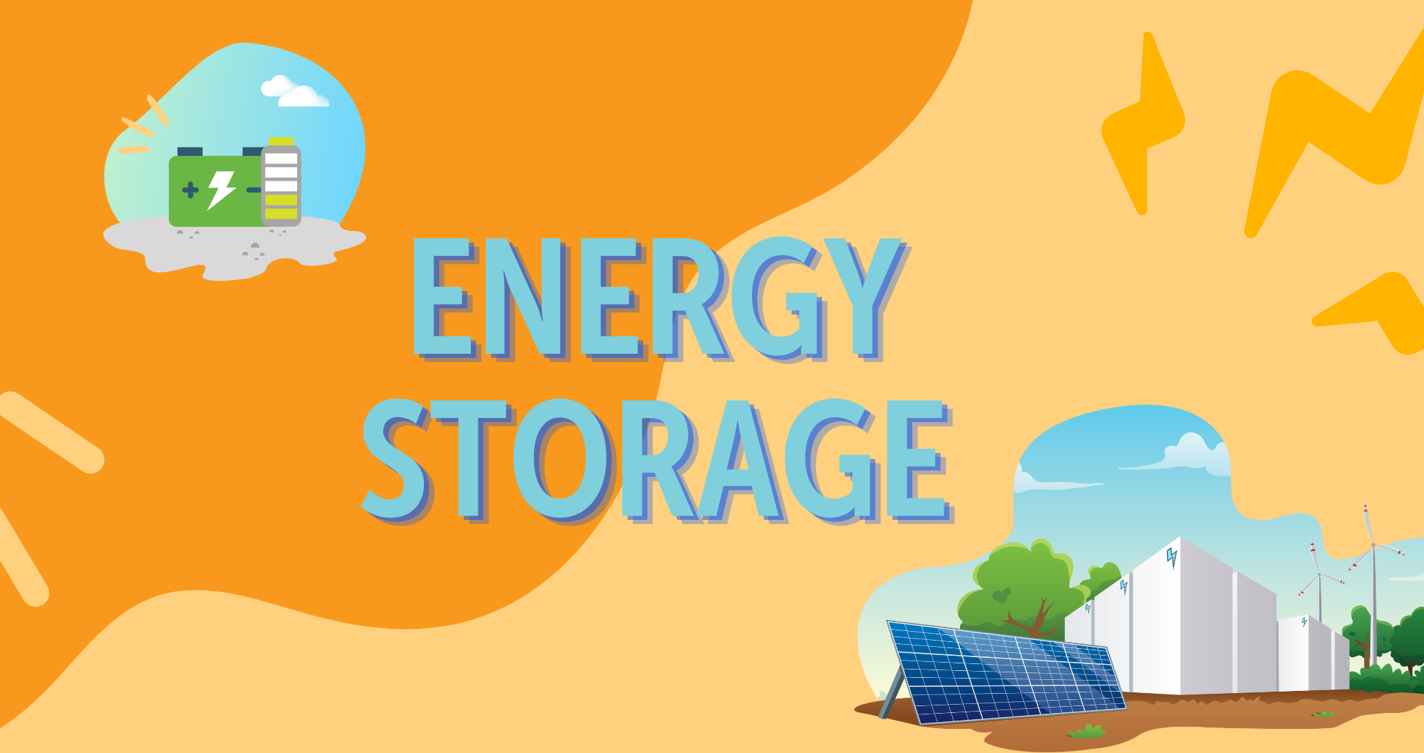 graphic image that says the words energy storage. The background is light orange and peach with two small blobs on it with various electricity equipment in them. One has a rechargable battery icon and the other has wind turbines, solar panels and energy storage batteries.
